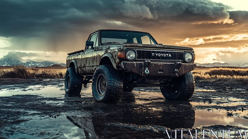Photorealistic off-road pickup in dramatic stormlight landscape.