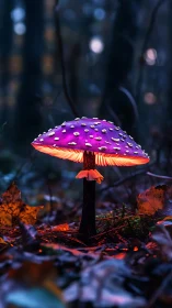 Bioluminescent magenta mushroom under low forest illumination.