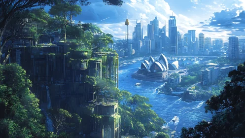 Lush futuristic Sydney skyline blends nature with towering cityscape.