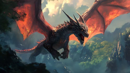 Fiery mountain dragon soars boldly across a misty sky