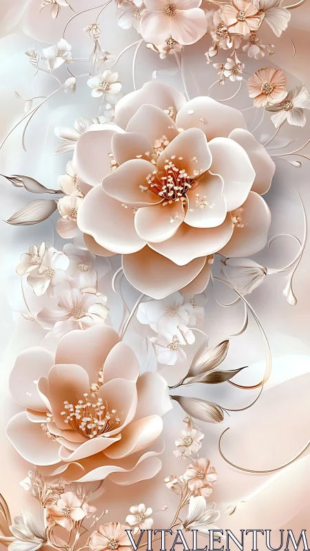 Layered peach flowers with gradient shadows and stem arrangements