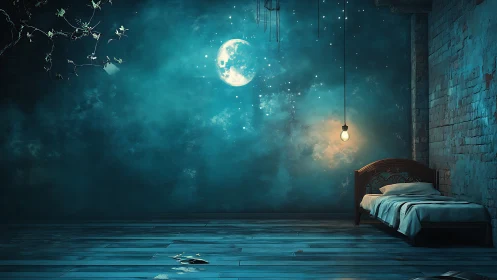 Moonlit single bed against textured blue wall glows softly