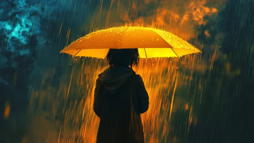 Golden umbrella glow brightens a rainy evening walk.