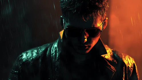 Neon backlit vigilante in rain with high-contrast bicolor lighting.