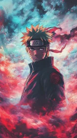 Storm-lit ninja drifts through twin tides of fire and sky