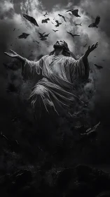 Dramatic robed figure ascending amid storm and birds.