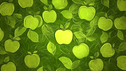 Electric orchard of glowing green apples in leafy swirlscape.