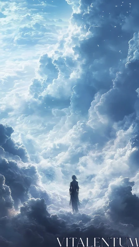 Ethereal celestial figure framed in towering cloud architecture.