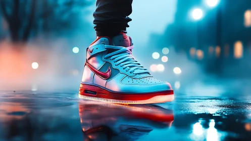 Neon-lit street sneakers glowing softly in a misty night.