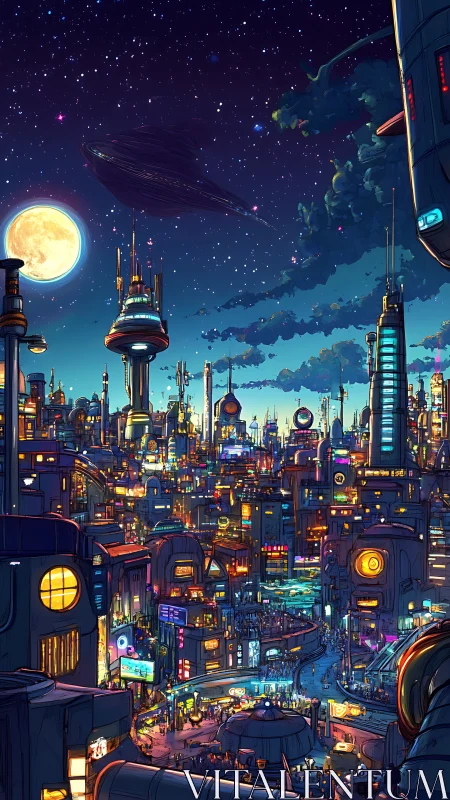 Neon sci fi metropolis under moonlit starfield sky.