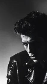 Male subject in leather jacket lit by strong side light