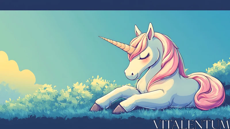 Pastel unicorn resting on grass in soft morning light.