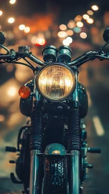 Vintage motorcycle headlight glows on rainy city street.