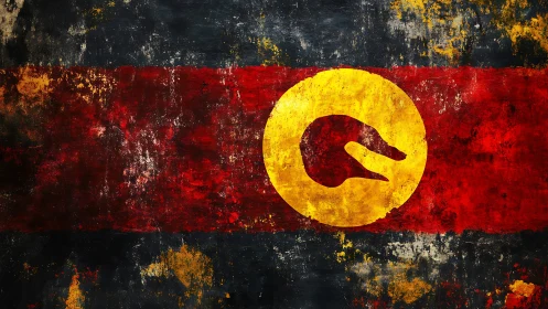 Heavily weathered tricolor flag with circular emblem and stylized claw