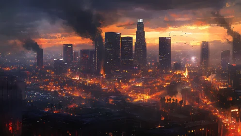 Burning dusk over dystopian highrise metropolis skyline.