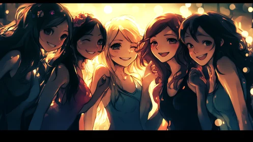 Five Anime Girls Smiling Together in Vibrant Sunset Lighting.