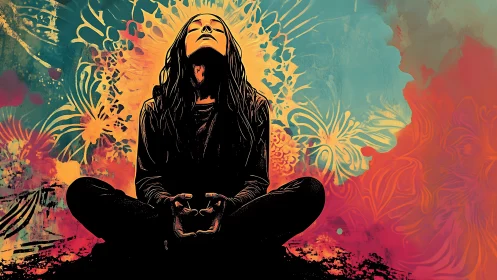 Meditative silhouette in psychedelic chromatic energy bloom.