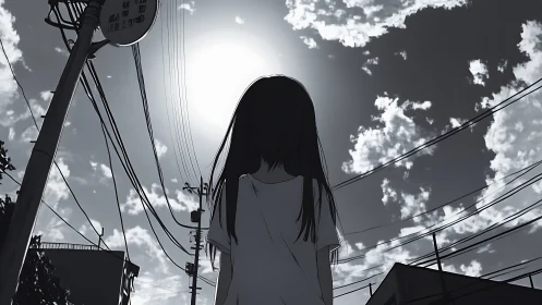 Girl under bright sun in monochrome urban street scene.