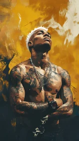 Tattooed man gazes upward against bold golden backdrop