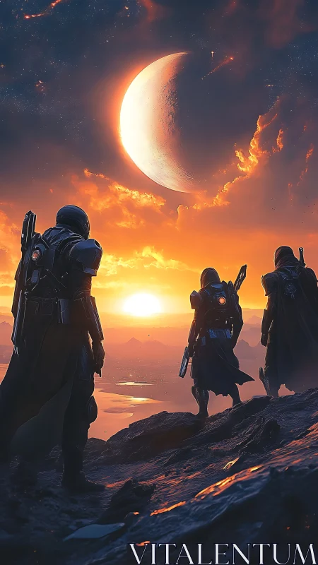 Guardians of the glowing horizon under a distant crescent.