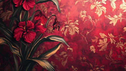 Ornamental Florals Against Deep Crimson Base with Gilt Details.