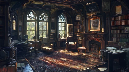 Sunlit gothic library interior with ornate hearth and bookshelves.