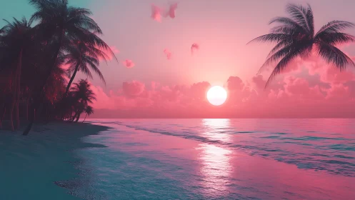 Cotton-candy sun drifts over neon palms and whispering surf