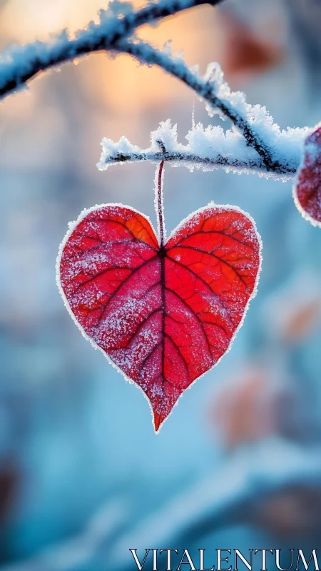 Winter-kissed red heart leaf glowing against soft frost.