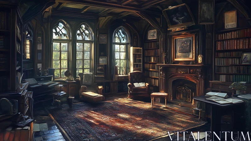 Sunlit gothic library interior with ornate hearth and bookshelves.