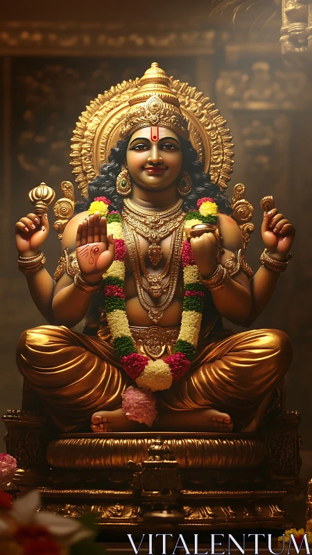 Gilded four-armed Hindu deity statue with garlands and halo