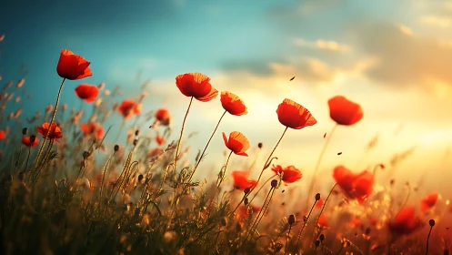 Red poppies in field with diffused golden sky light.