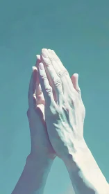 Joined hands rise gently toward a soft and peaceful sky