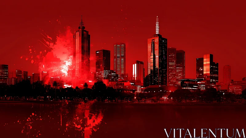 Monochrome red skyline with splatter overlays and hard contrast.