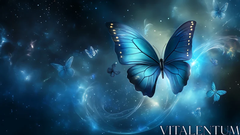 Celestial blue butterfly swarm in ethereal nebula spacescape.