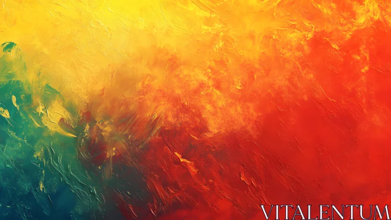 Vivid abstract painting in fiery yellow, red, and teal tones.