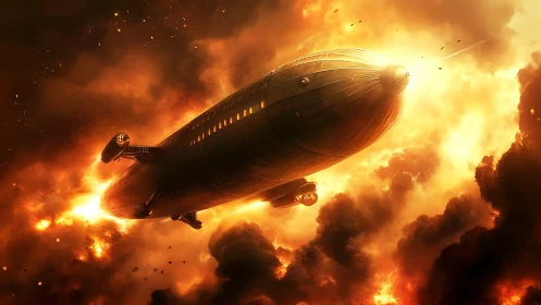 Futuristic armored airship penetrates high-intensity firestorm sky