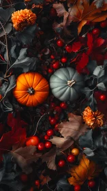 Autumn pumpkins, berries, and leaves in moody flatlay.