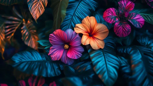 Vibrant Blooms Against Deep Blue Foliage.