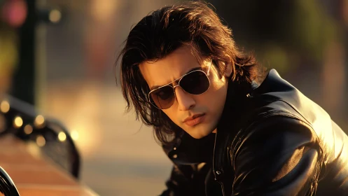 Moody sunglasses portrait in warm cinematic street light.