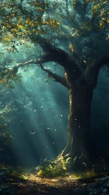 Ancient forest tree catches golden shafts of morning light.