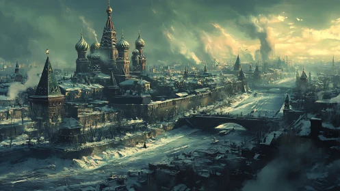 Post-apocalyptic winter cityscape with domed skyline.