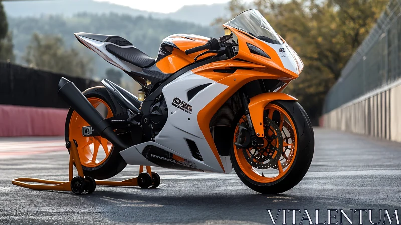 Orange and white racing superbike on paddock stand at trackside.
