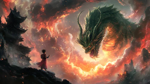 Warrior confronts colossal dragon above burning cliffs.