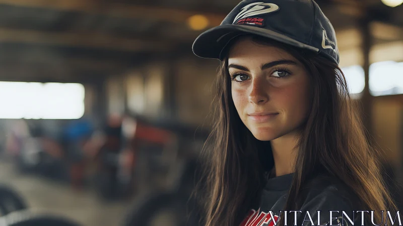 Sunlit garage quiets around the confident girl in cap