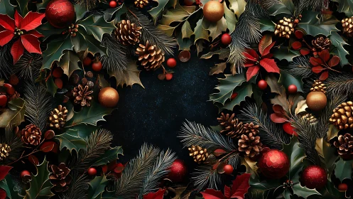 Festive evergreen garland frame with ornaments on dark background
