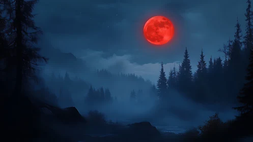 Red full moon over misty conifer forest at night.