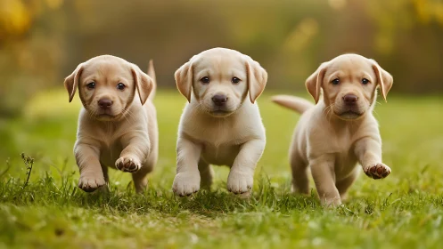 Three synchronized Labrador puppies running across grass in focus
