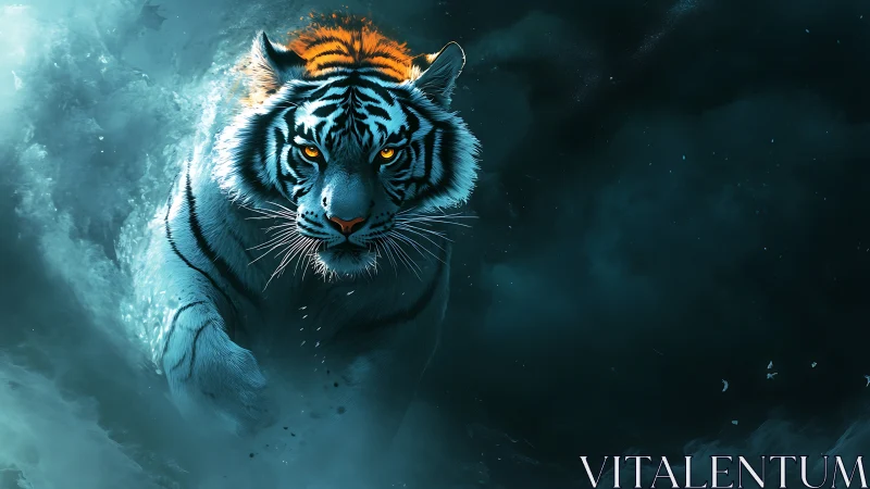 Tiger charging through teal stormwater with ember highlights.