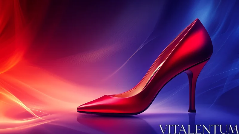 Red stiletto heel stands against vibrant gradient light