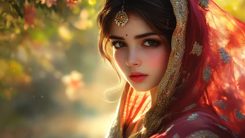 Sunlit gaze beneath jeweled scarlet bridal veil glow.